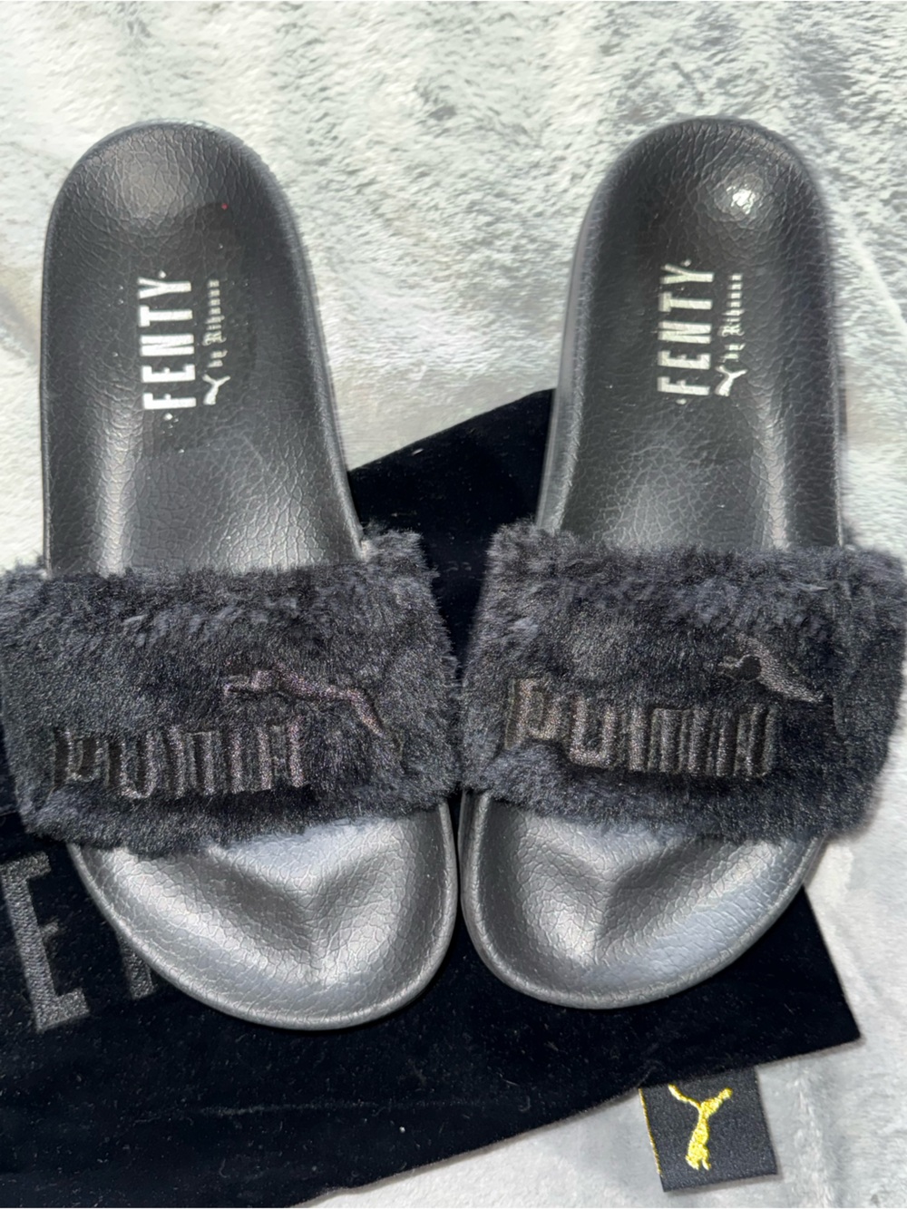 PUMA x FENTY Black Faux-Fur Slide Sandals
